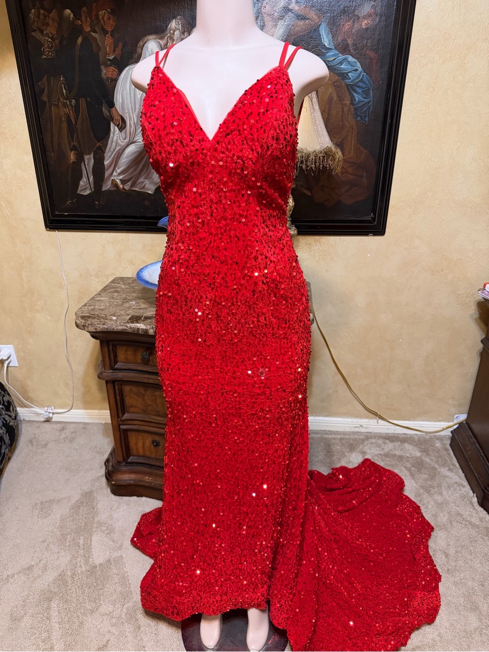 Red Sequin V-Neck Evening Gown